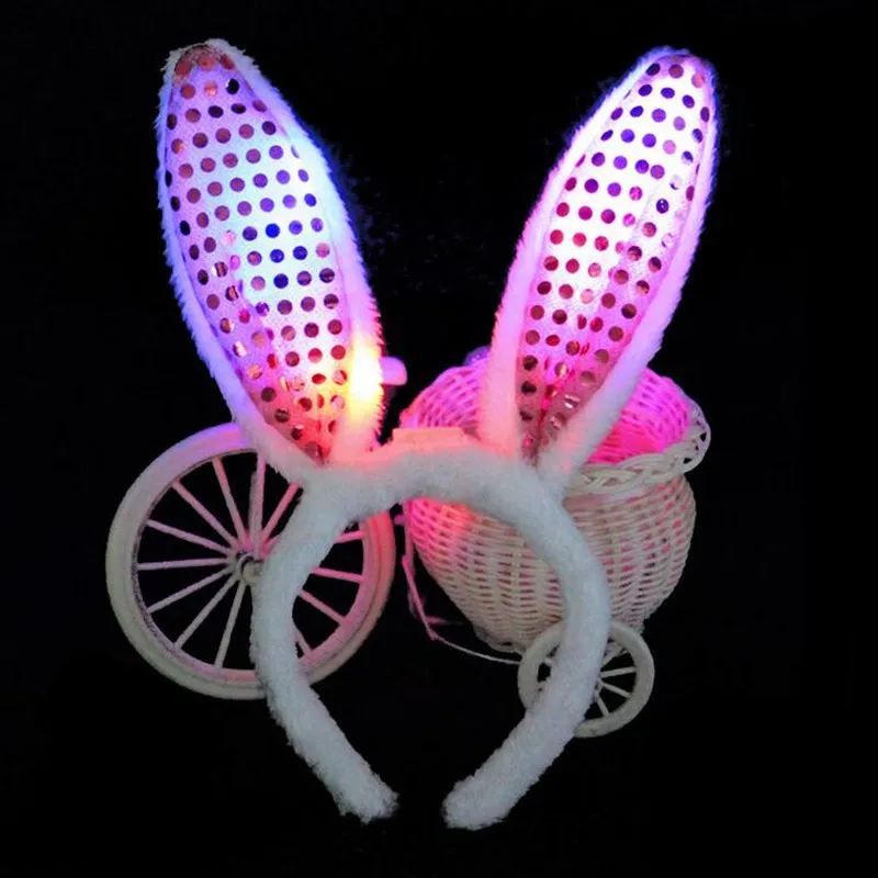 LED Light Flashing Fluffy Rabbit Ears Headband Sequins Headdress Bunny ...