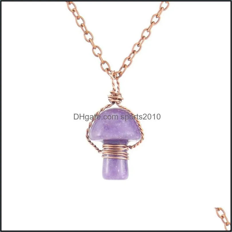 retro wire wrap carving mushroom pendant reiki healing crystal tiger eye rose quartz opal aventurines necklace for women jewelry