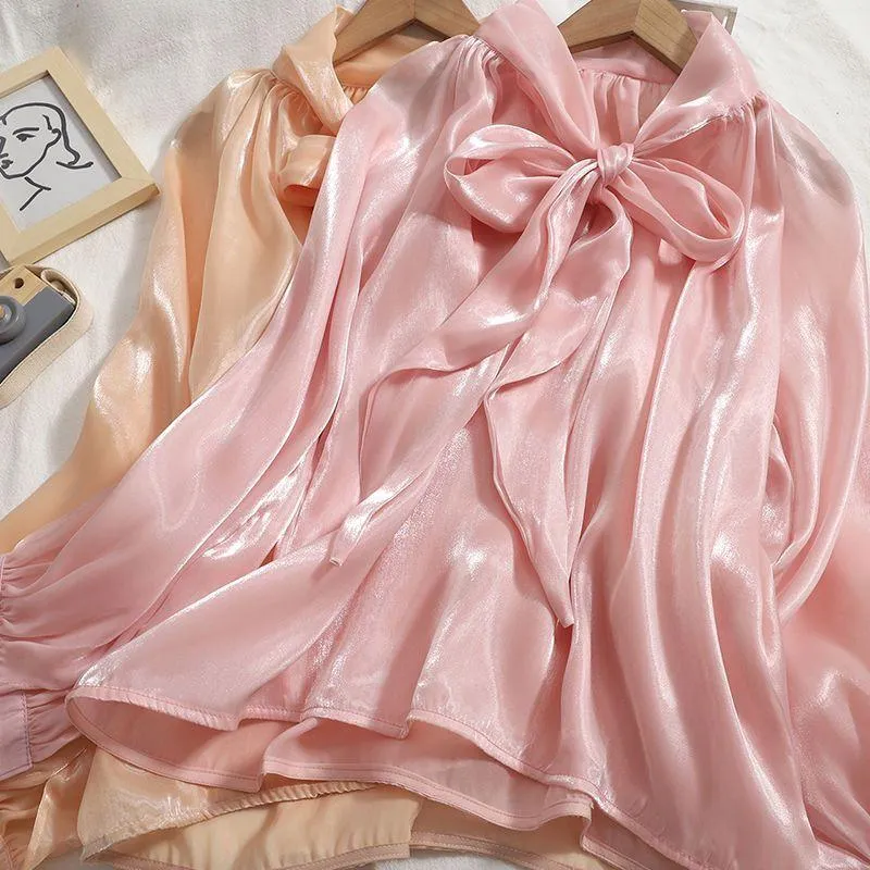 Women's Blouses & Shirts French Pink 2022 Blouse Women Sweet Bow Collar Long Sleeve Office Lady Tops Elegant Streetwear Chiffon SpringWomen'