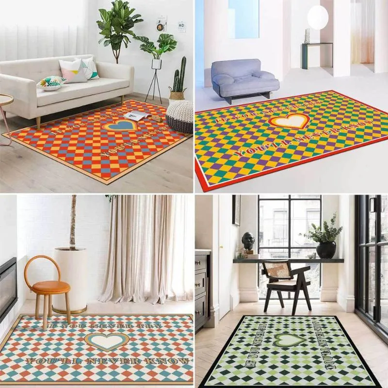 カーペットホーム新鮮なカーペット幾何学オレンジ色の緑色の格子縞のラブリビングルームベッドベッドサイドかわいい床マットカーペット