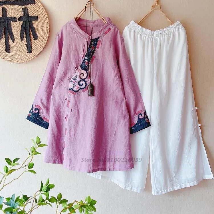 Vêtements ethniques chinois rétro amélioré Cheongsam haut coton lin fleur broderie chemises Qipao Hanfu Blouse femmes Tang costume ethnique