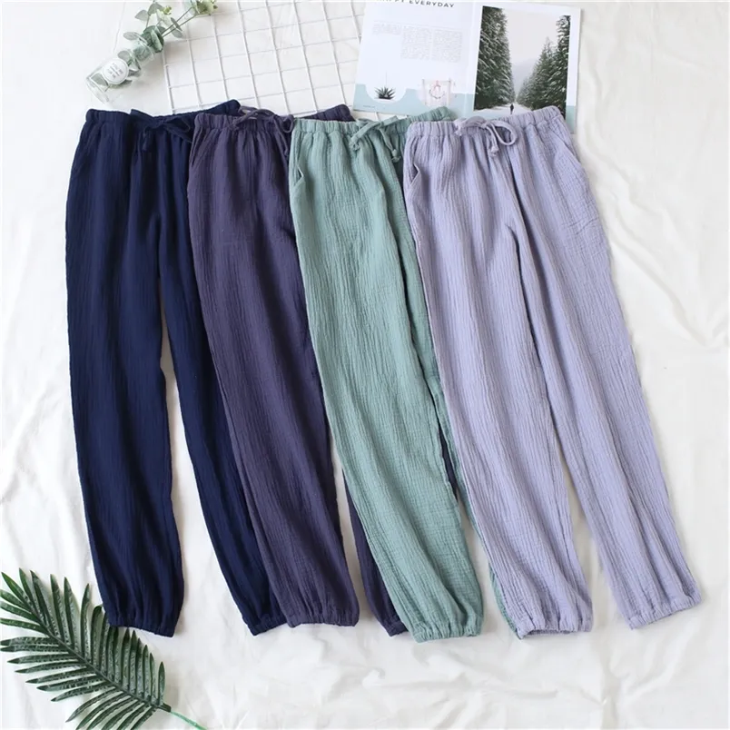 Japanese pajamas men and women spring autumn home pants cotton washed double gauze loose comfortable trousers casual LJ200822