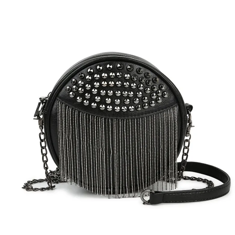 Sac à bandoulière rond noir pour femmes dames en cuir souple chaînes gland sacs à bandoulière pour femmes petite pochette sac de messager