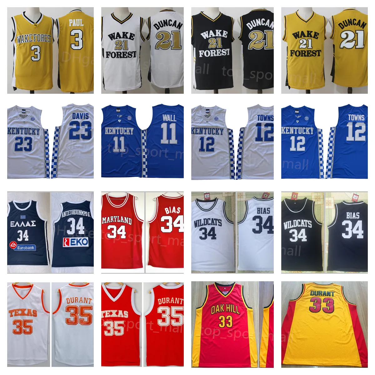 NCAA College Basketball Jersey High School Greece Hellas Giannis Antetokounmpo Wake Forest Tim Duncan Chris Paul Karl-Anthony Towns Kevin Durant Len Bias Maryland