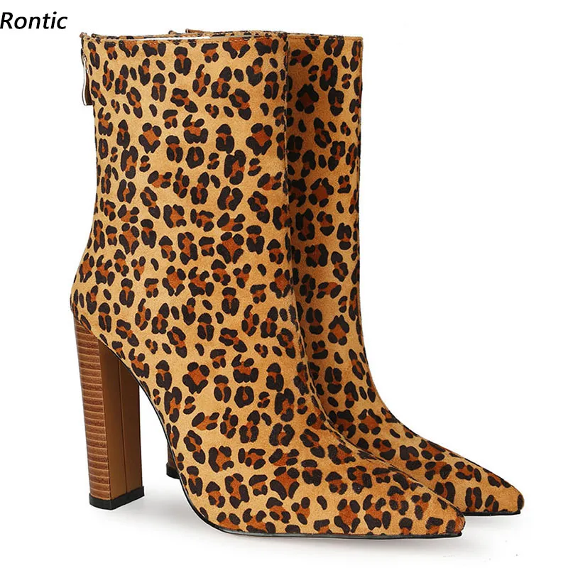 Rontic femmes hiver bottines Faux daim fermeture éclair arrière talons épais bout pointu joli léopard chaussures de fête taille américaine 4-14