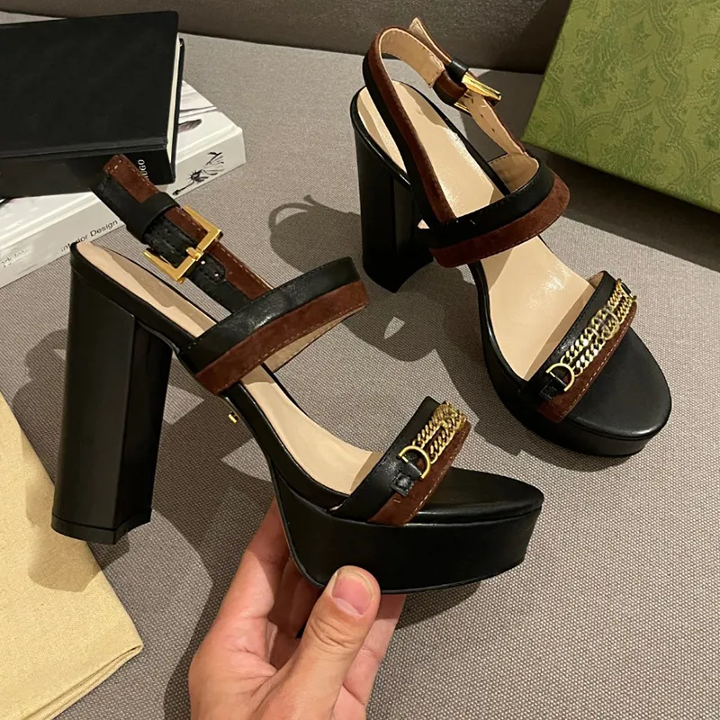 Fashion Patchwork sandals Luxury Designer Gold chain buckle Genuine leather platform shoe top quality 13CM high heel Front Rear Strap Womens sandal for Women