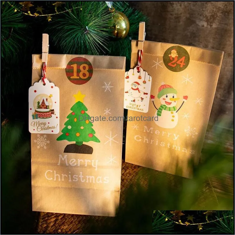 Gift Wrap 24Pcs/set Kraft Paper Bags Christmas Wedding Birthday Party Biscuit Candy Packaging Bag With Clips Stickers Tag Rope