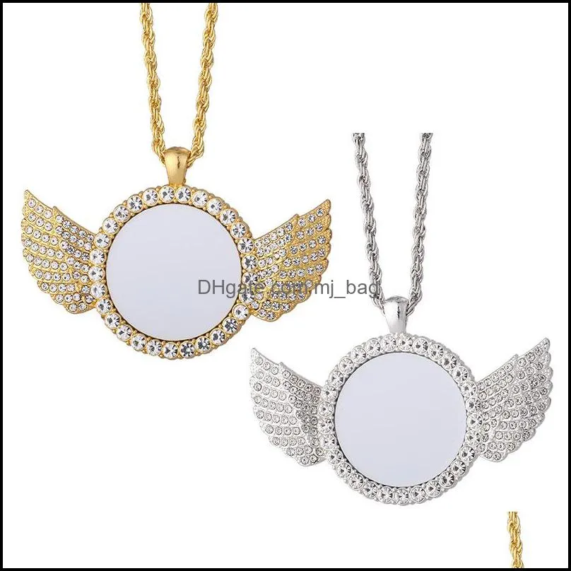 party favor sublimation necklace blank angel wings heat transfer metal pendant diamond necklace