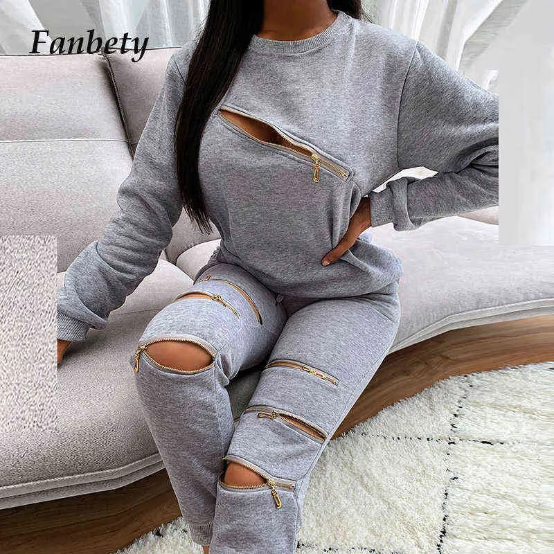 Fashion New Zipper Hollow Out Set Set Set осень-зимние женщины Элегантные вершины O-образного выявления и повседневные брюки Ladies Streetwear Suits T220729