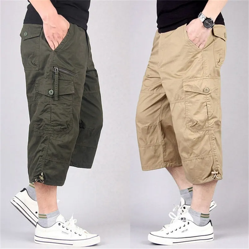 Lange Länge Cargo-Shorts Männer Sommer Multi Tasche Casual Baumwolle Elastische Hosen Militärische Taktische Kurze Reithose 5XL 220621