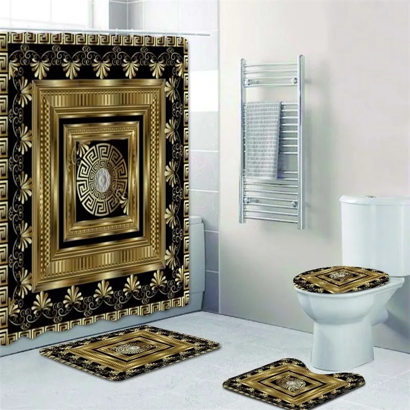 Luxe gouden 3D geometrisch Griekse sleutelpatroon douchegordijnset bloemenwander ornament mandala badkamermatten Home Decor 180x200 220809