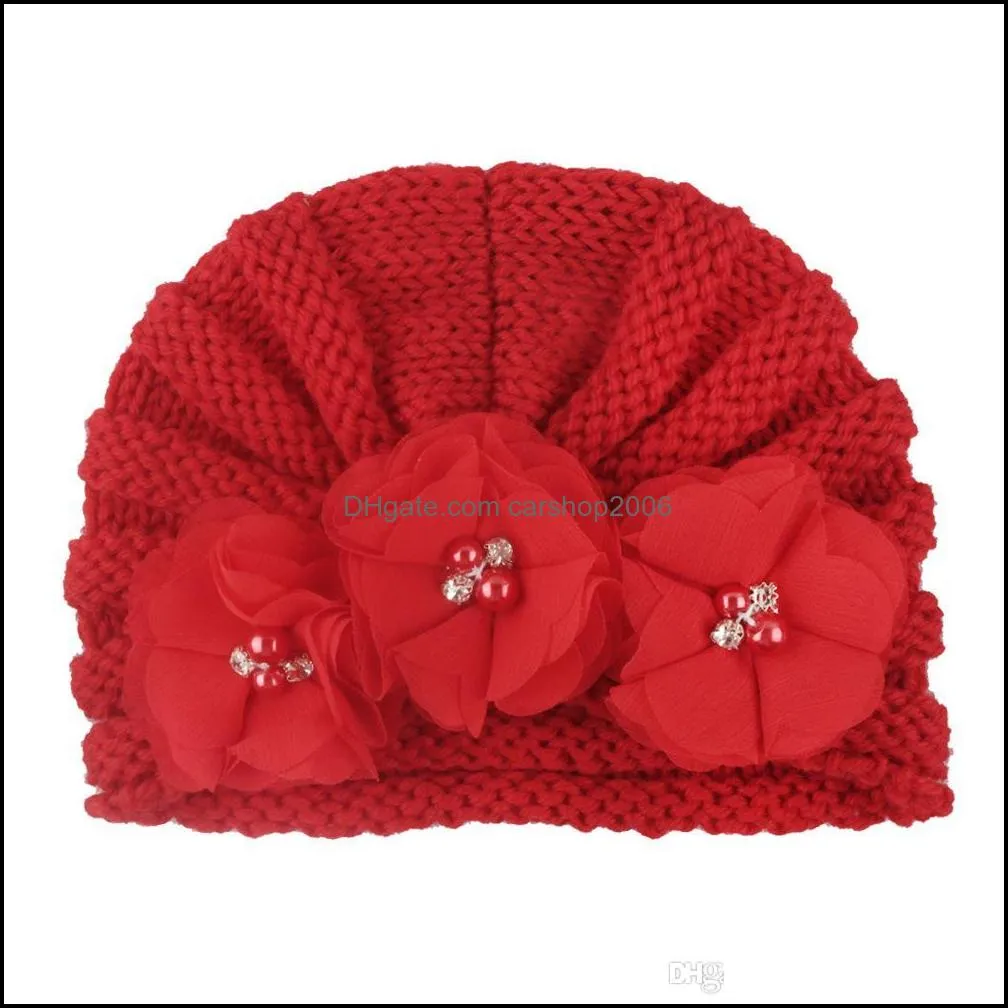 new autumn and winter children`s wool thick cap baby solid-color striped knitted hat 12 colors headwrap with triple flower