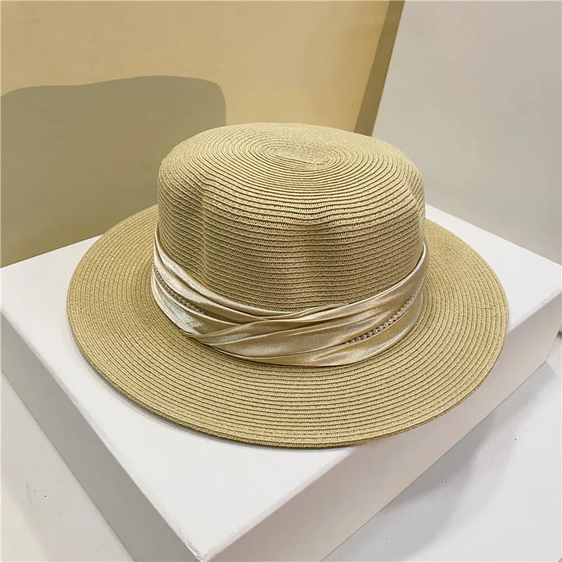 Grass Braid Women Beach Caps Wide Brim Silk Ribbon Hats Pearls Designers Lady Sun Cap Elegant UV Hat