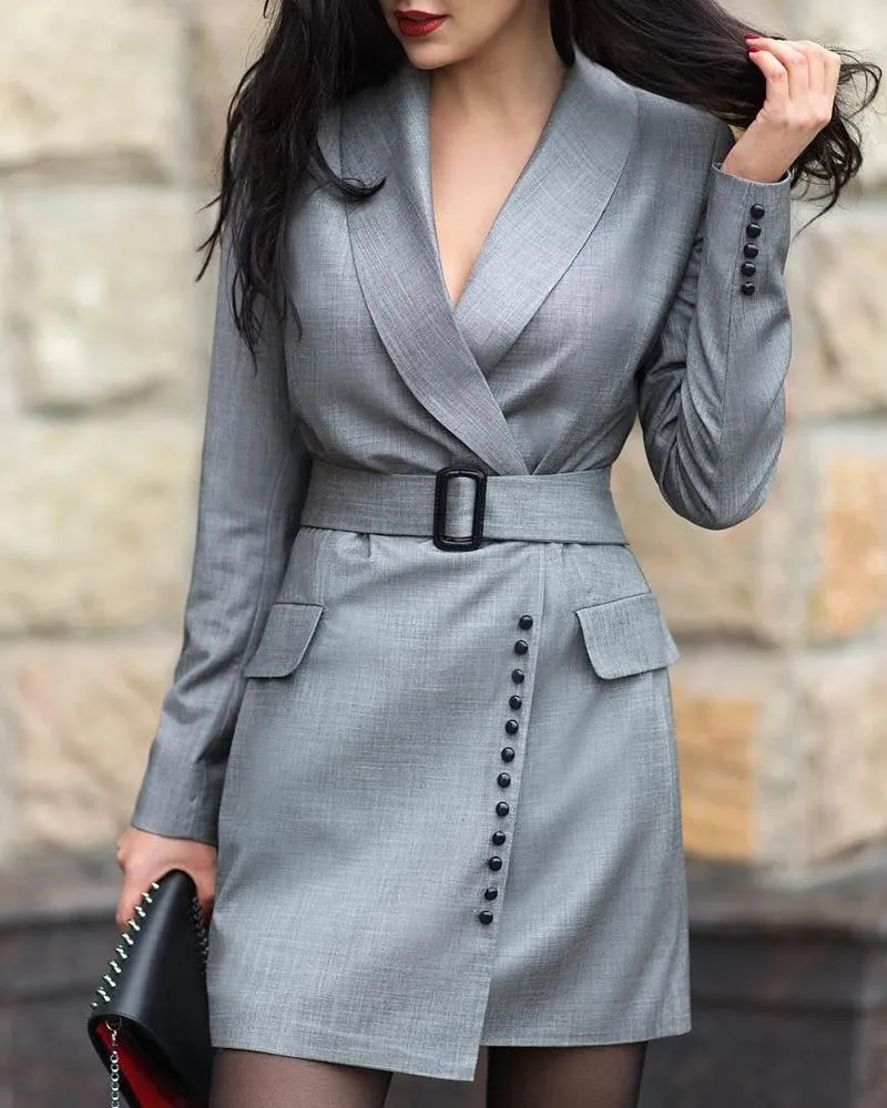 Casual Dresses Notched Collar Cuff Blazer Dress Women Buttoned Long Sleeve Grey Winter 2022 Elegant Workwear Short Vestido