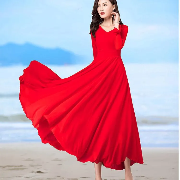 Casual Kleider Frauen Herbst Lange Ärmel Chiffon Rot Kleid Vestido De Mujer