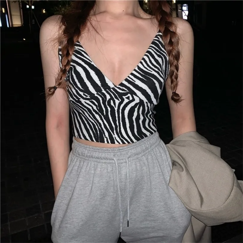 Impression Débardeur Sexy Streetwear Filles Spaghetti Strap Stripe Streetwear Crop Tops pour Femmes Été Recadrée Lingerie Sans Manches 220607