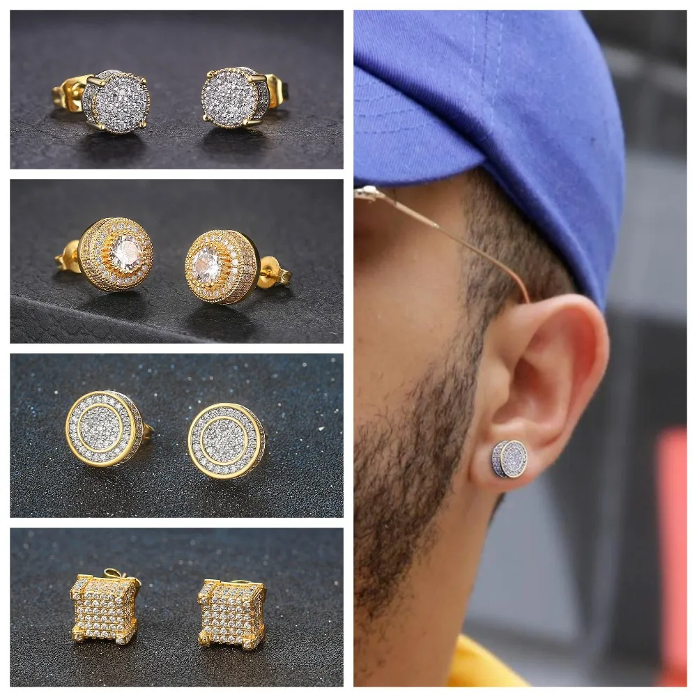 Herren Hip Hop ECED Out Bling CZ Ohrringe Geometrische quadratische runde goldene Farbe Mikro -Pave Kubikzirkon Stollen Ohrring für Männer Frauen Mode Ohrschmuck
