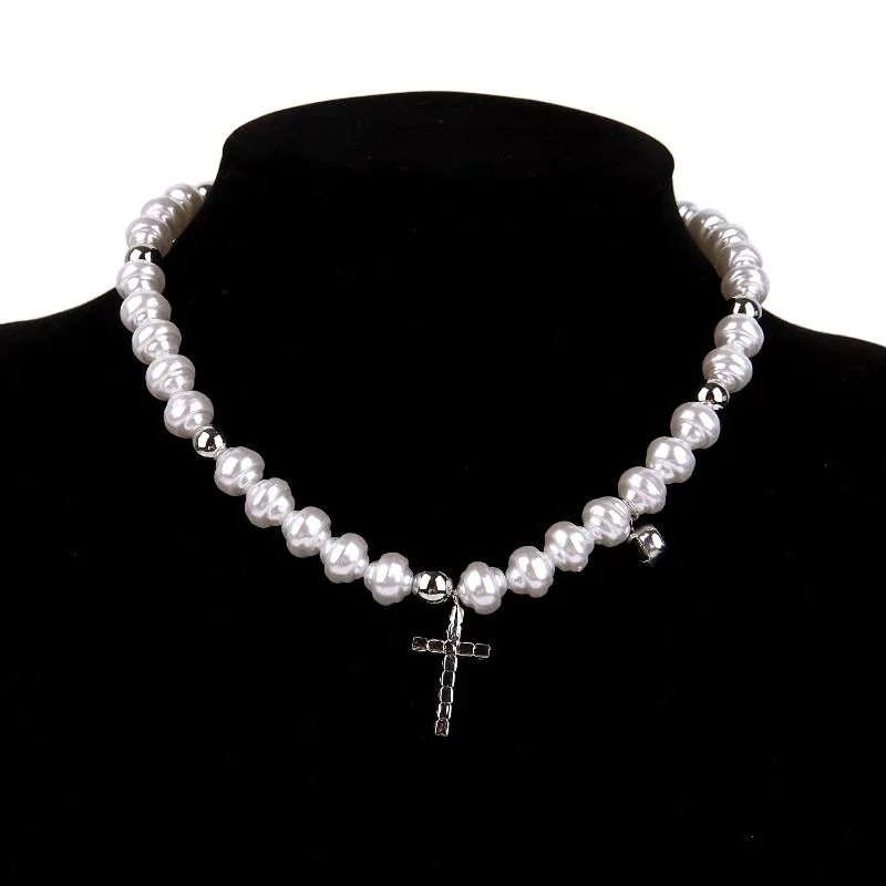 Chains Hip Hop Bohemia Imitation Irregular Pearls Crystal Cross Chokers Chain Metal Beads Line Necklace For Women Men JewelryChains