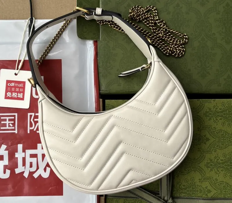 Realfine Bags 5A 699514 20,5 cm Marmont Mini borse a tracolla a forma di mezzaluna Borse per donna con sacchetto per la polvere Scatola in pelle bianca Chevron