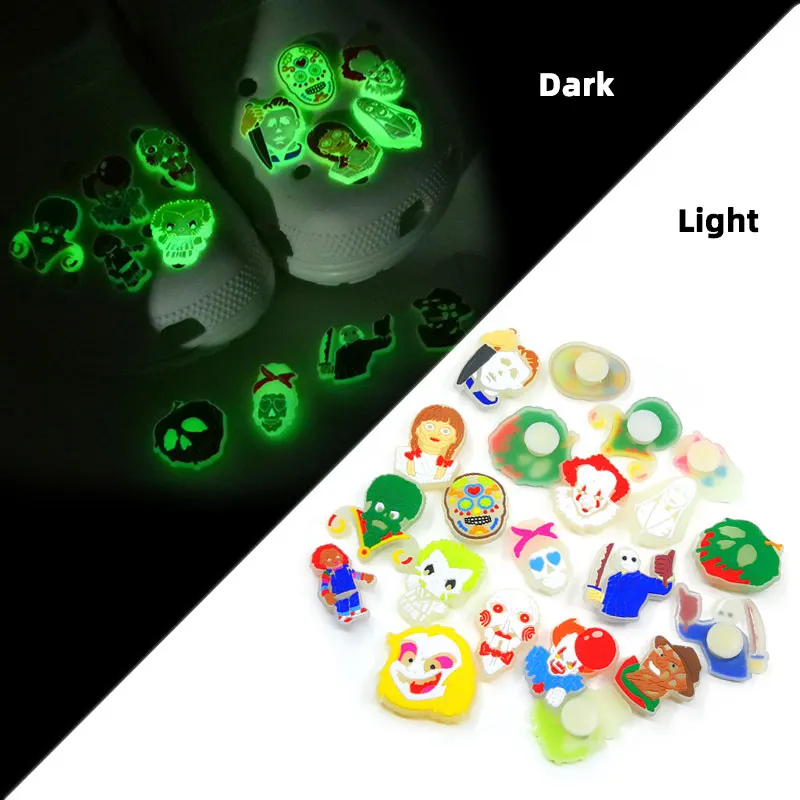 Fluorescent 2D soft pvc croc JIBZ horrible movies characters Glow in the dark shoe charms buckles Luminous clog shoe accessories decorations fit men women sandals