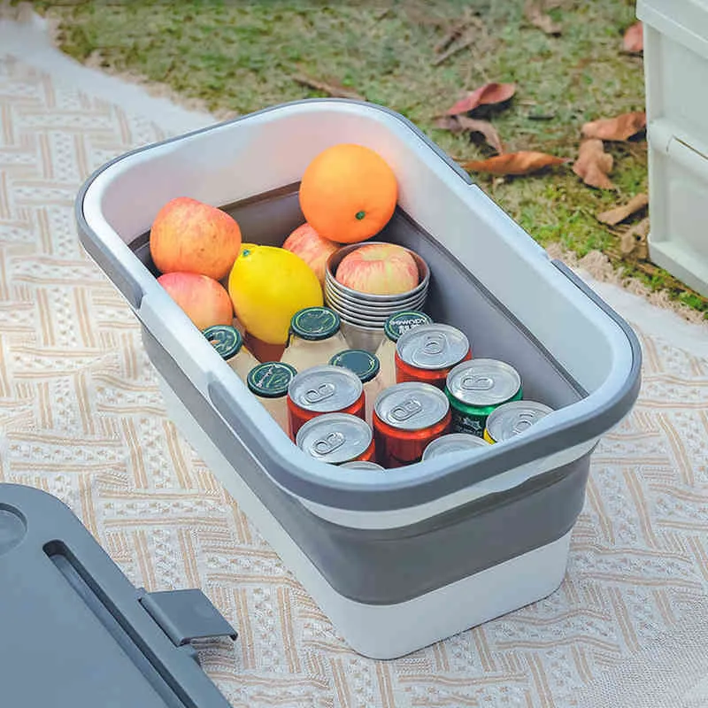 Multifunktionella fällbara hinkar Picknickcamping Box Portable Travel Beach Food Fruit Water Container Storage Basket Y220524