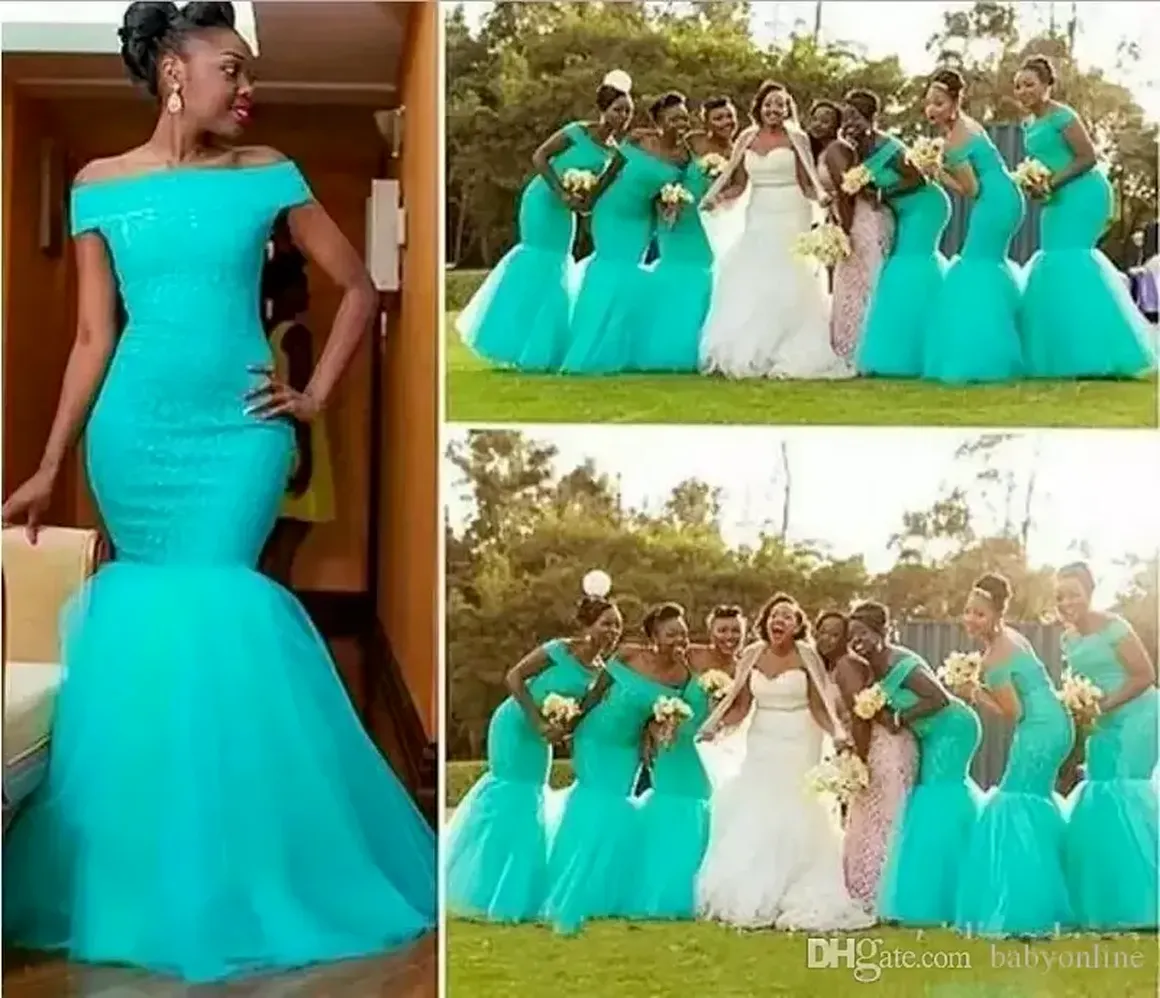 Aqua Teal الفيروز حورية البحر وصيفات الشرف قبالة الكتف طويلة Ruched Tulle Africa Style Nigery Bridesmaid Dress BM0180 0509