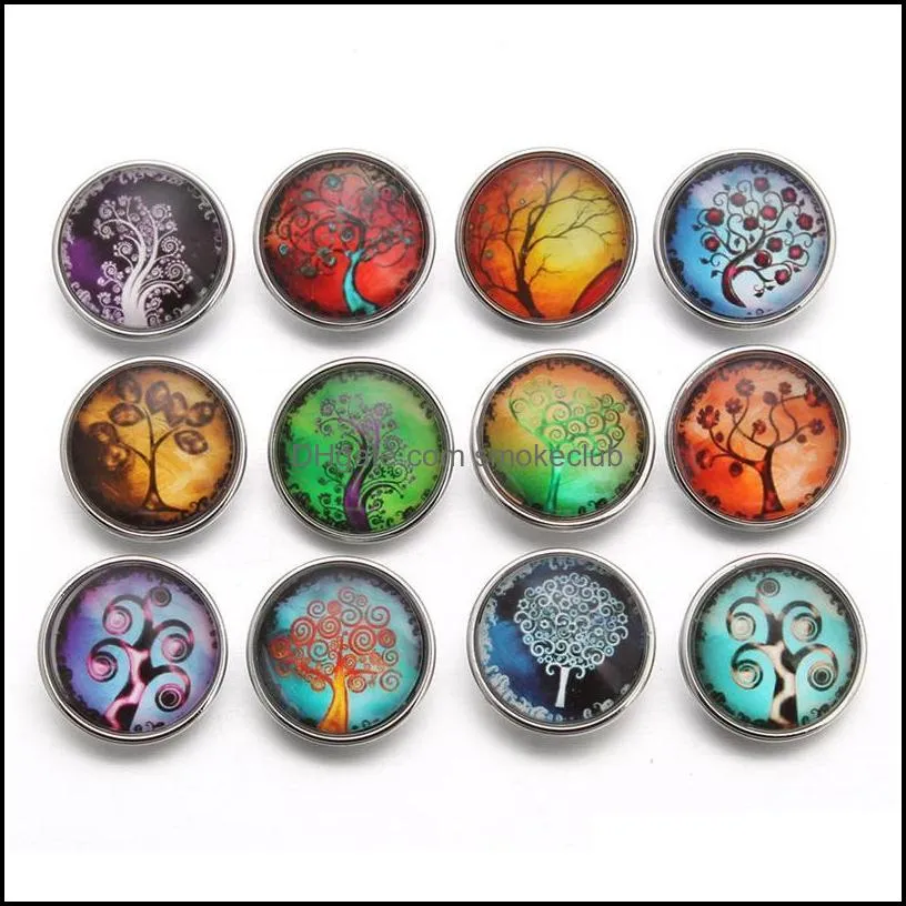 10pcs/lot Fixed Mixed Printing Tree Pattern Glass 18mm Snap Buttons Diy Findings Fit Handmade Bracelet jllixq