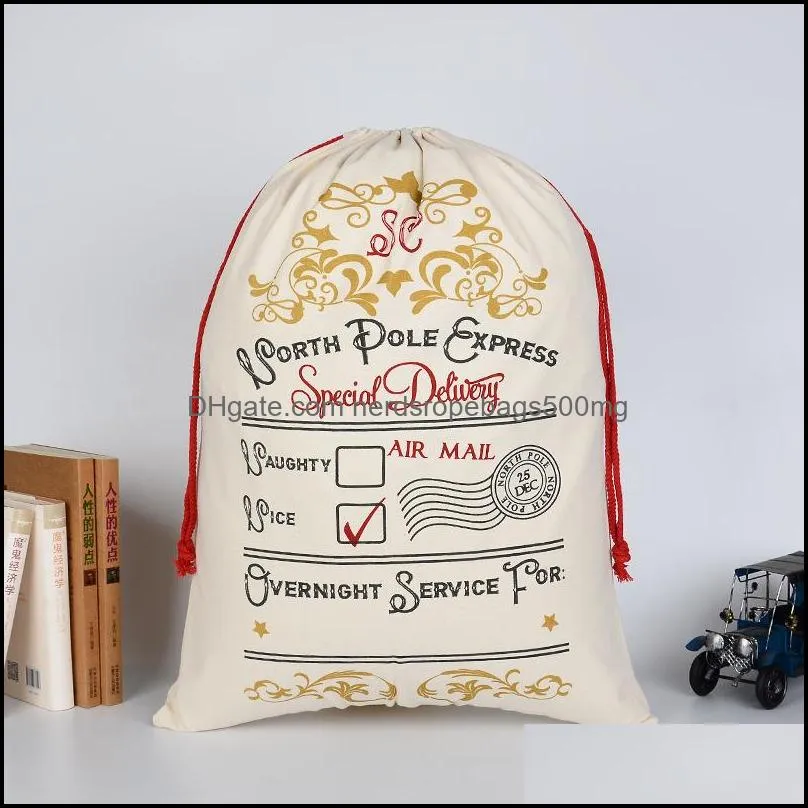 DHL Christmas Santa Sacks Canvas Cotton Bags Large Organic Heavy Drawstring Gift Bags Personalized Festival Christmas Decoration 1030