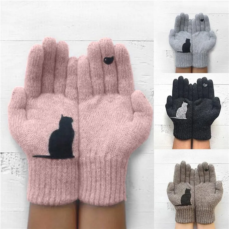 Five Fingers Gloves Cute Cartoon Printing Cat And Bird Pattern Thick Winter Hand Protection For Girl Gift