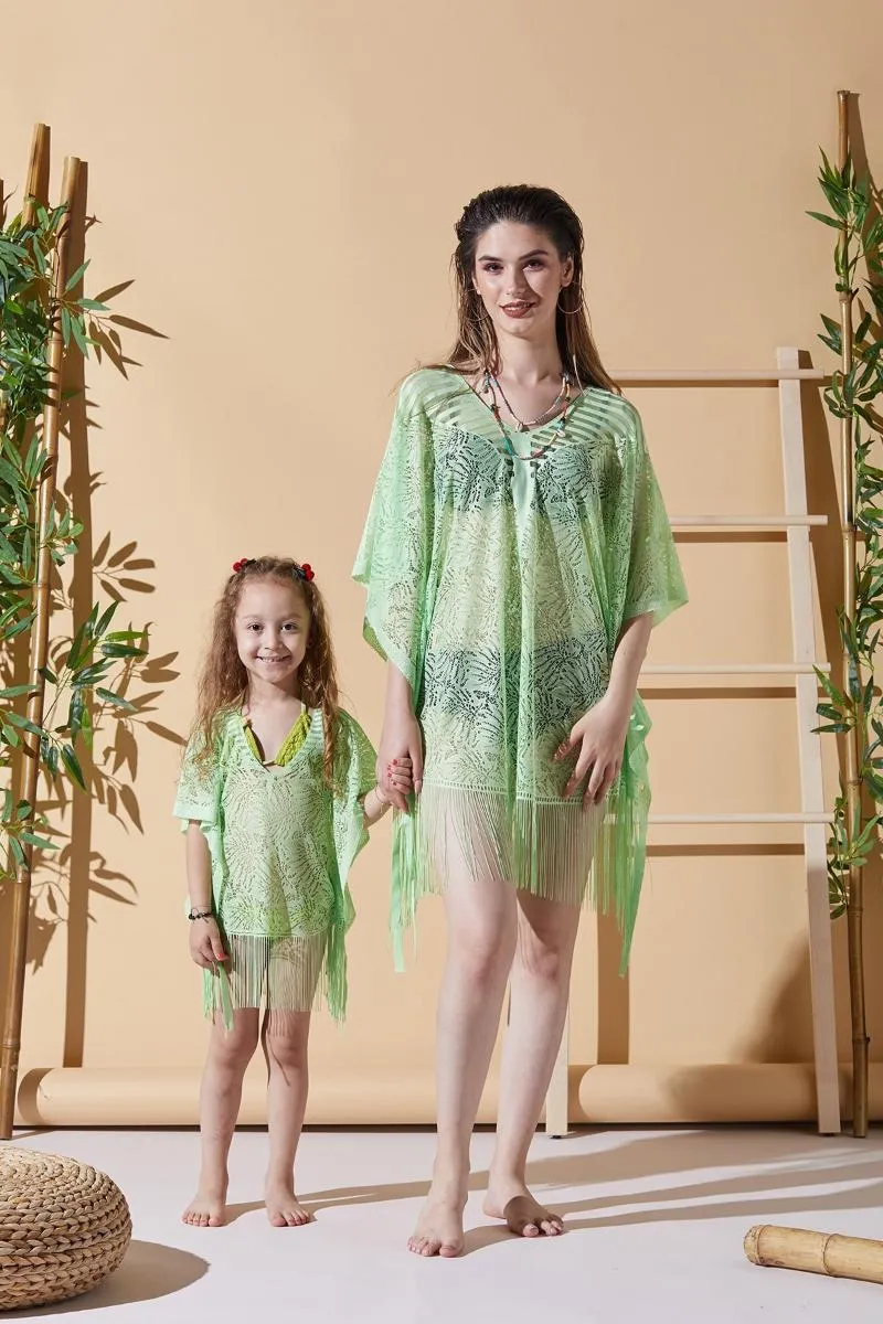 Damskie stroje kąpielowe damskie wzór liści pareo zielony matka dziecięca sukienka plażowa