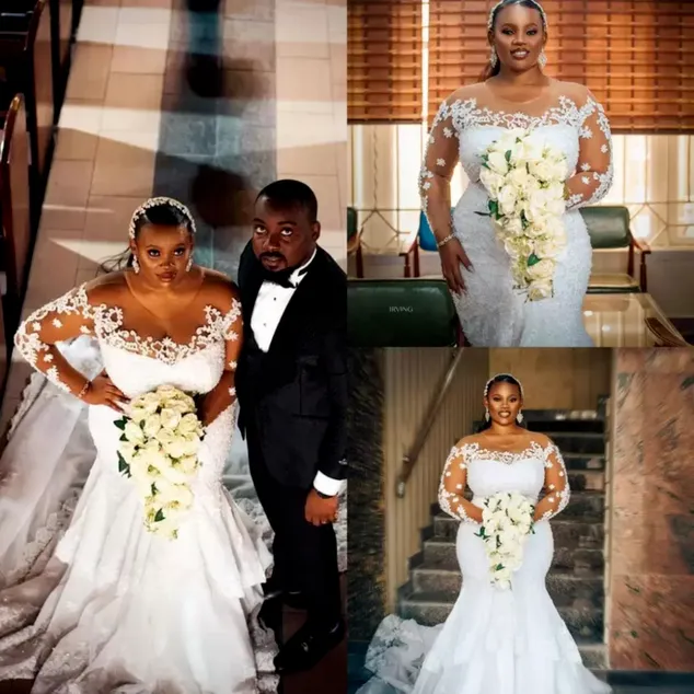 2022 African Plus Size Bröllopsklänningar Mermaid Bridal Gown Scoop Neck Långärmad Kristaller Lace Applique Custom Made Sweep Train Vestido de Novia F0324