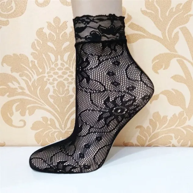 Women's Black Lace Fishnet Ankle Socks Ruffle Frilly Stretch Sheer Hollow Out Dress Socks for Women