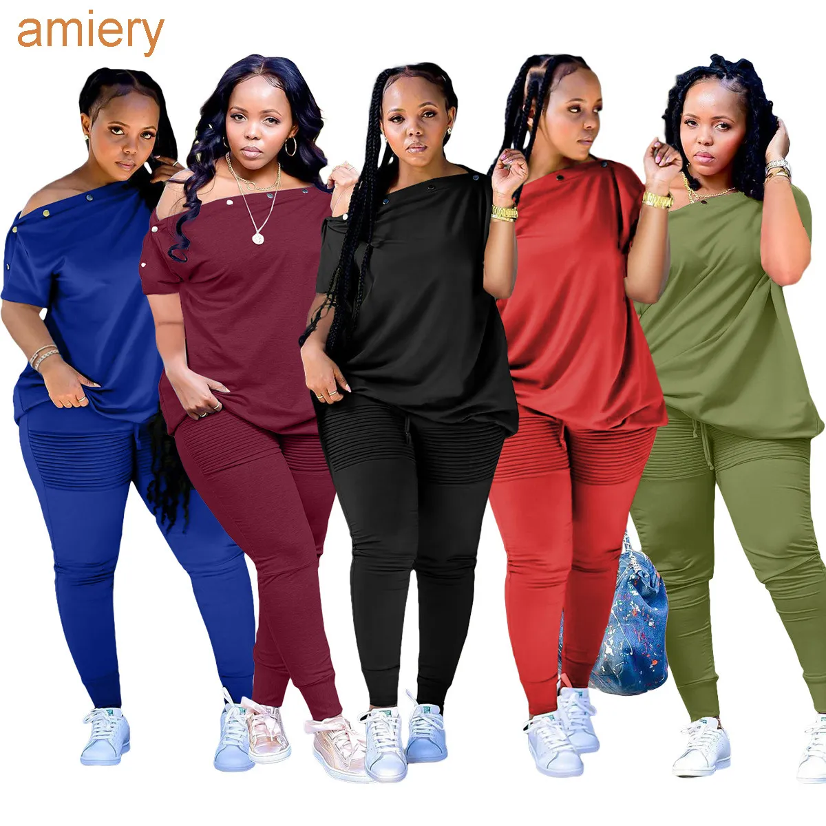 Fashion Women Loose Tracksuits 2022 Spring And Summer New Button One-line Collar Wrinkle Two Piece Pants Set S-4XL