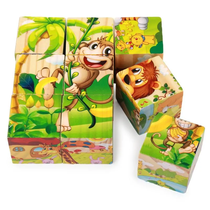 Paintings 9 Pcs Six-sided 3D Cubes Jigsaw Puzzles Tray Wooden Storage Toys For Children Kids Educational Funny Games