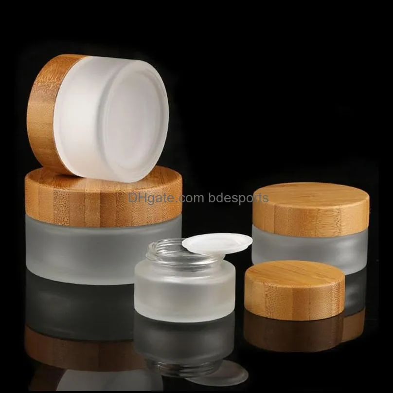 Frosted Glass Cosmetic Jars Hand/Face/Body Cream Bottles Travel Size 20g 30g 50g 100g with Natural Bamboo Cap PP Inner Cover