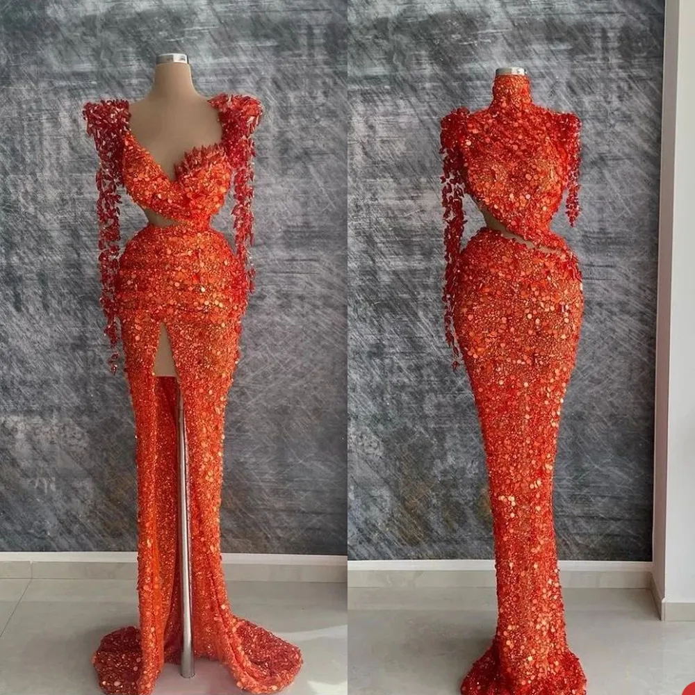 Glitter cekins Africa Evening Sukienka Suknia Mermaid z długim rękawem Suknie Promowe Błyskawiczne Side Split Formalne sukienki imprezowe plus rozmiar