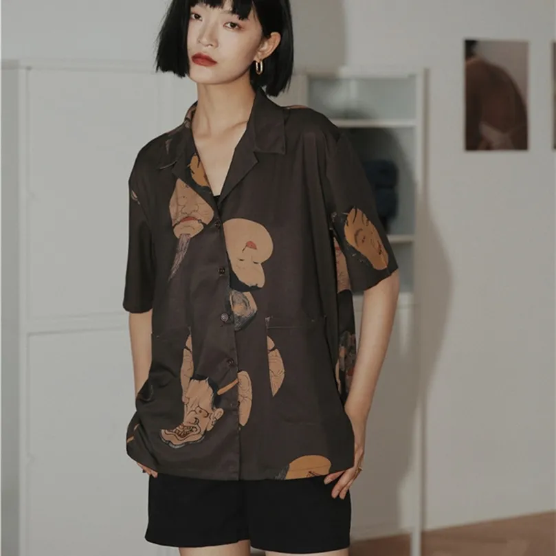 Cheerart Musashi Ukiyoe Japon Sokak Giyim Kadın Bluzlar Gömlekler Kısa Kollu Düğme Gömlek Estetik Yaz Üst Kıyafetleri 220527