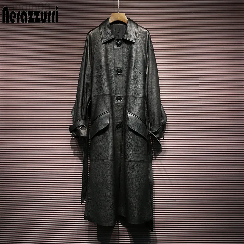 Nerazzurri Autumn Long Ruffled Black Faux Leather Trench Coat for Women Raglan Sleeve Sashes Single Breasted Pu Leather Overcoat L220801