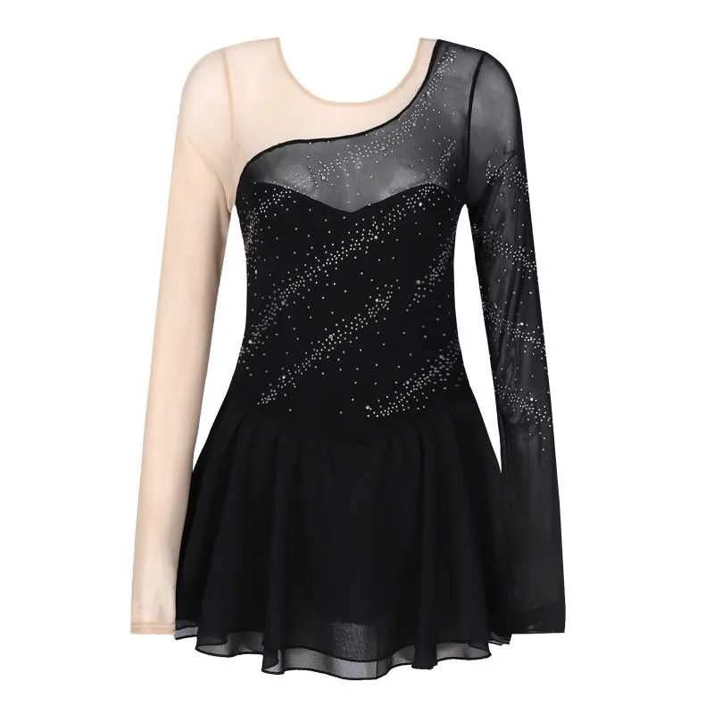 Stage Wear Femmes Robe De Patinage Sur Glace À Manches Longues Maille Splice Ballet Gymnastique Justaucorps Pour Performance Compétition Danse CostumeStage