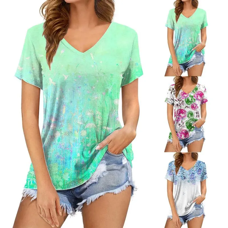 Women's Blouses & Shirts Women Blouse 2022 Summer Fashion Female O-Neck Short Sleeve Rose Flower Printed V Neck Shirt Top Casual Loose Tunic