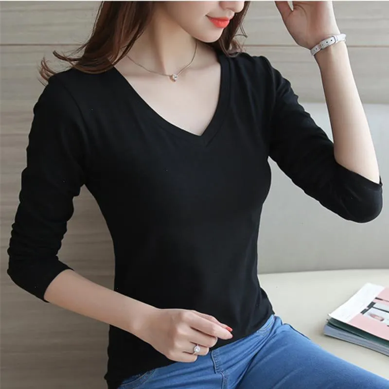 Black White Ladies Tee Long-Sleeve T-shirt Korean V Neck Slim Stretch Casual Bottoming Shirt Solid Color Women Girls Top