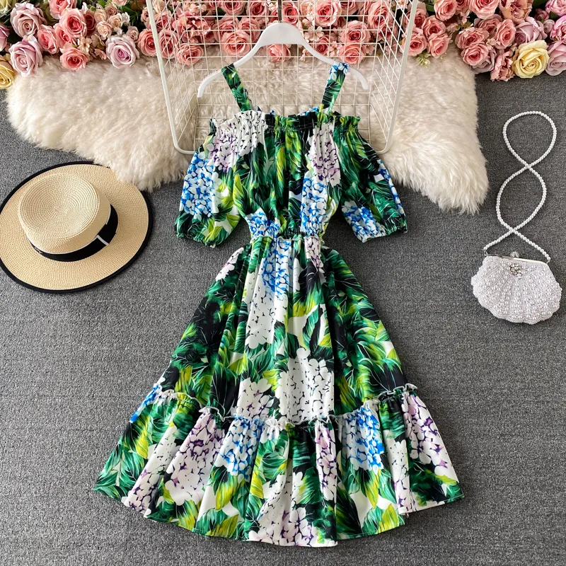 Summer Runway Hydrangea Floral Printed Green Strapghetti Strap Dress Women Beach Boho Puff Sleeve Kne Length Dress 2022