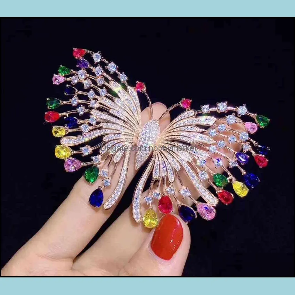 1pc 38x60mm golden plated multi color Cz micro butterfly brooch