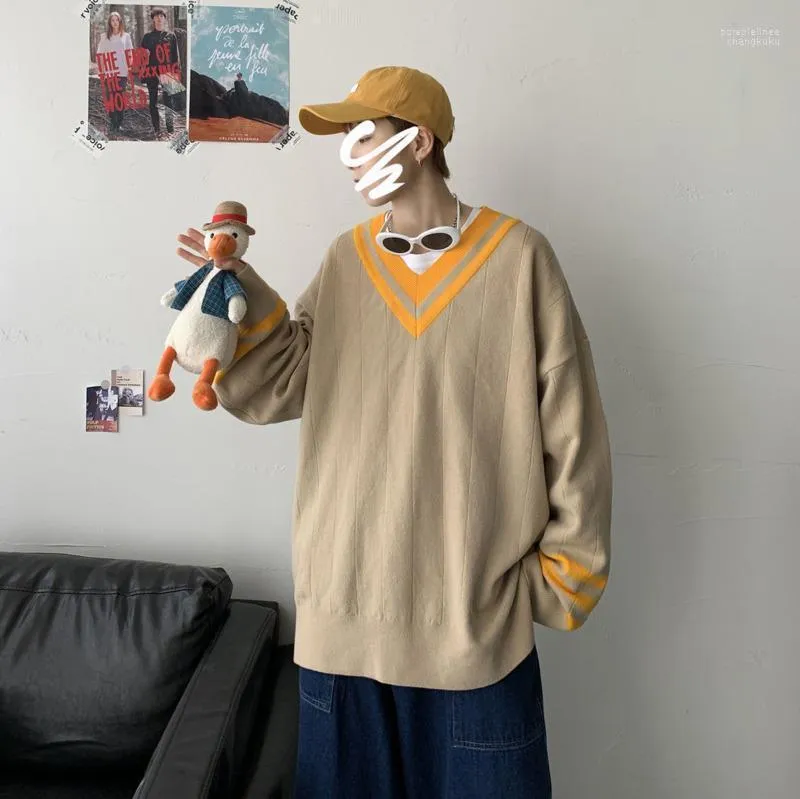 Spring And Autumn Youth Fashion Men's Oversize Loose V-neck Sweater Casual Color Block Pullover Yellow/blue Sweaters
