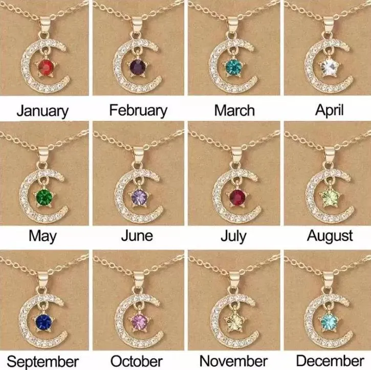 Ny stil Moon Star Birthstone Pendant Necklace Women Crystal Gold Color Clavicle Chain