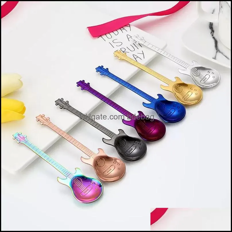 304 Stainless Steel Small Coffee Spoons Guitar Violin Shape Dessert Spoon Stirring Spoon Lovely Titanium Plated Ice Scoop RRB14658