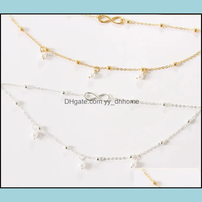 New Vintage Fashion Summer Beach Anklet Bracelet Infinity Foot Jewelry Pearl Bead Gold Silver Chain Anklets Foot Chains for Women