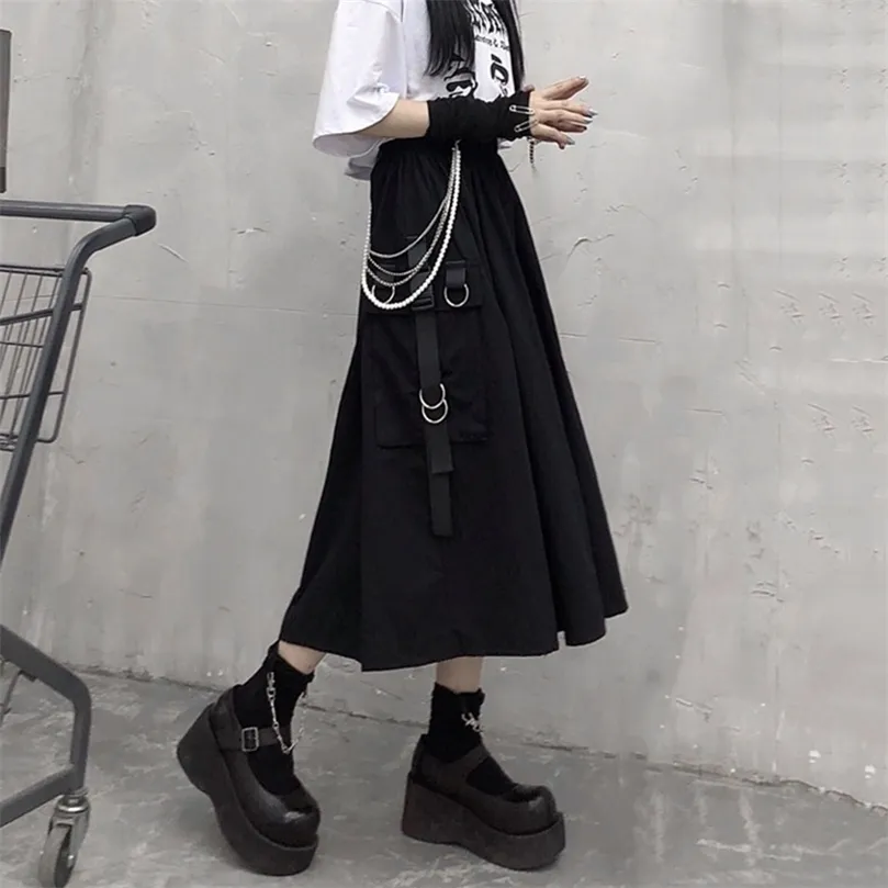 Gothique Taille Haute Cargo Jupes Femme Harajuku Lâche A-ligne Poche Midi Longue Jupe Noire Hip Hop Mode Streetwear OverSize 220401