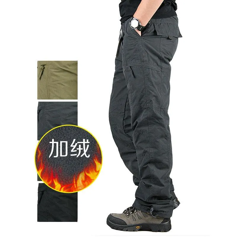 Calça masculina carga masculina ao ar livre quente lã fechada lã de bolso de bolso de bolso tático sobretudo de algodão reta Leg Lacksmen
