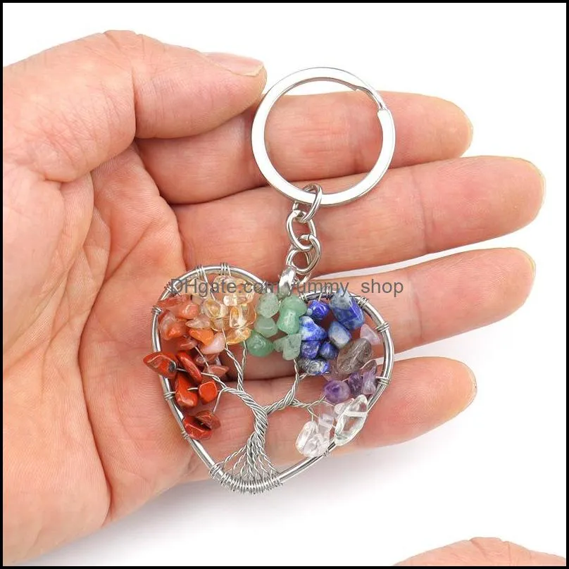 natural quartzs heart tree of life key rings handbag charm car hanging decoration ornaments 7 chakra pendant keychain keyring